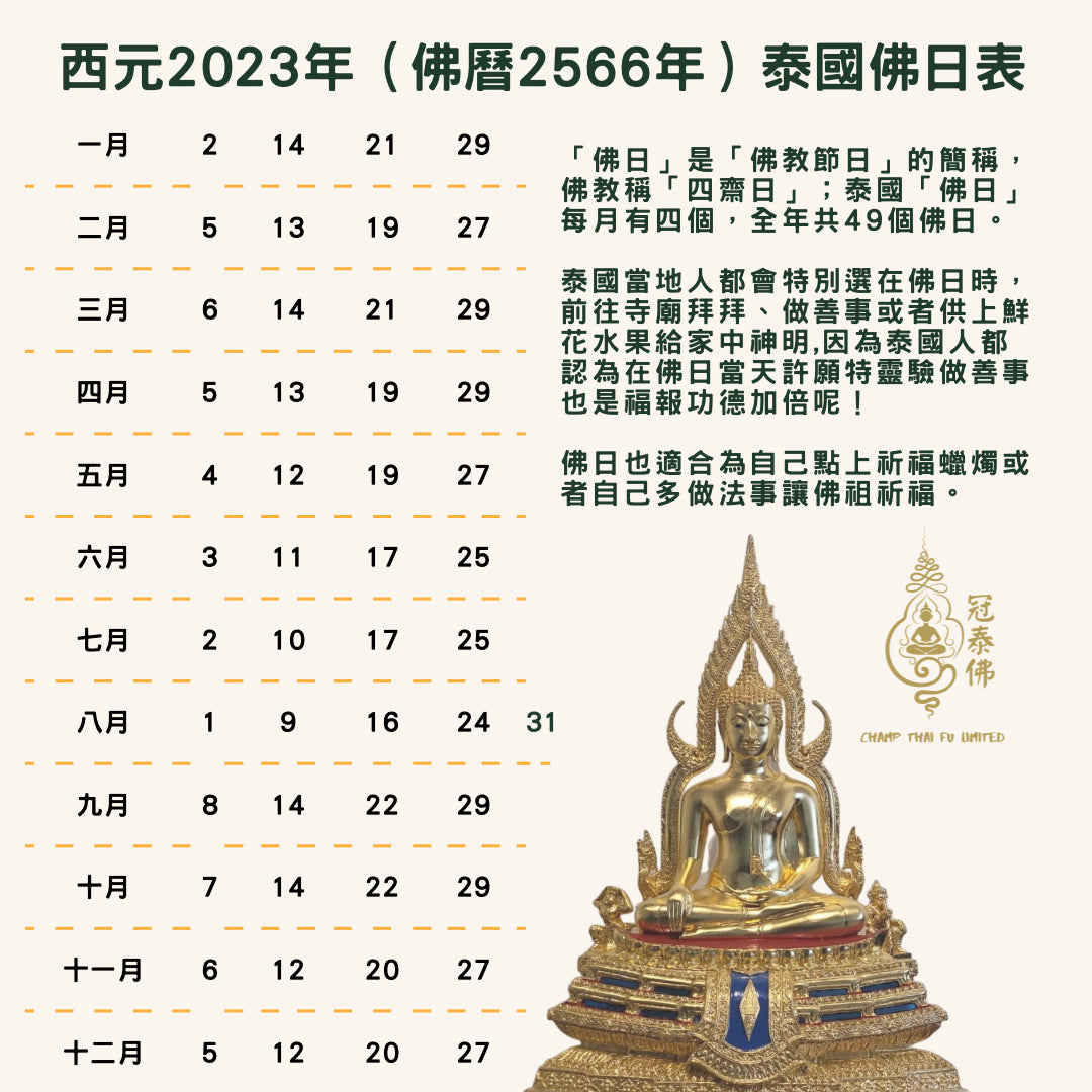 西元2023年 (佛曆2566年) 泰國佛日表วันที่พระพุทธเจ้า