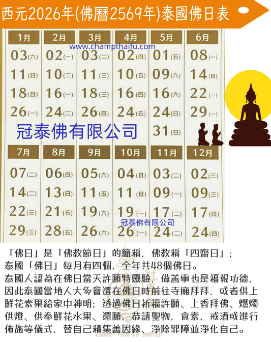 2026年泰國佛日表